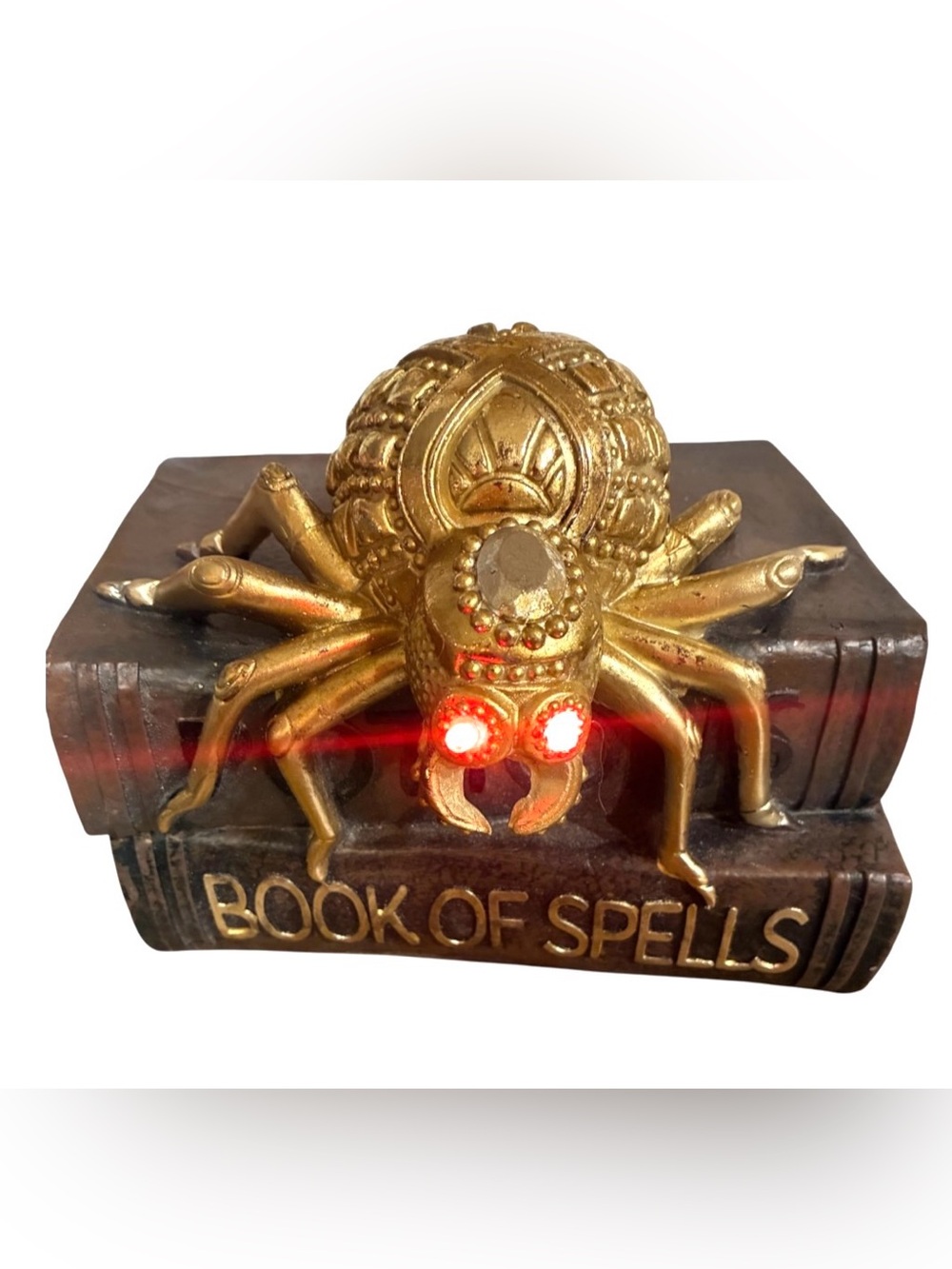 Golden Spider Light Up Red Eyes On Stack Of Faux Spell Books Approx 6.5”x9”x7”